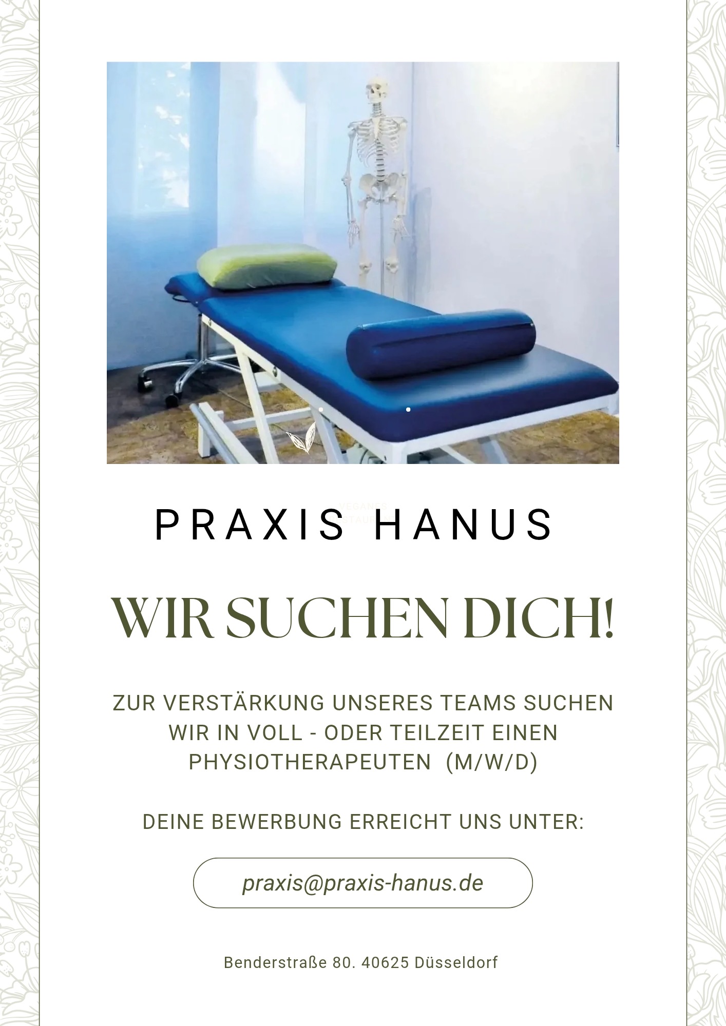 Praxis Hanus – Wir suchen dich! Physiotherapeut/in (m/w/d) in Voll- oder Teilzeit, Benderstraße 80, 40625 Düsseldorf